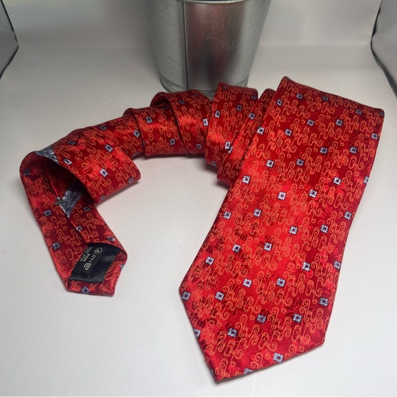 Ermenegildo Zegna Men’s Silk Neck Tie Red, Light Blue Squares, Embossed Flowers - Picture 6 of 6